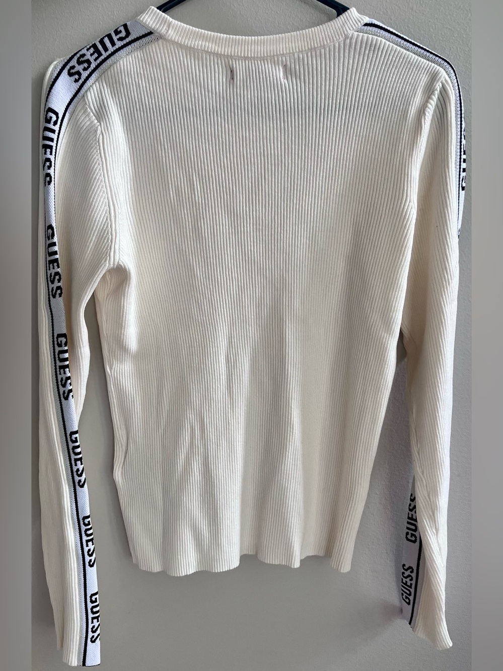 GUESS Cream Ribbed Long-Sleeve Logo Tape Sleeve Sweater - Picture 2 of 2